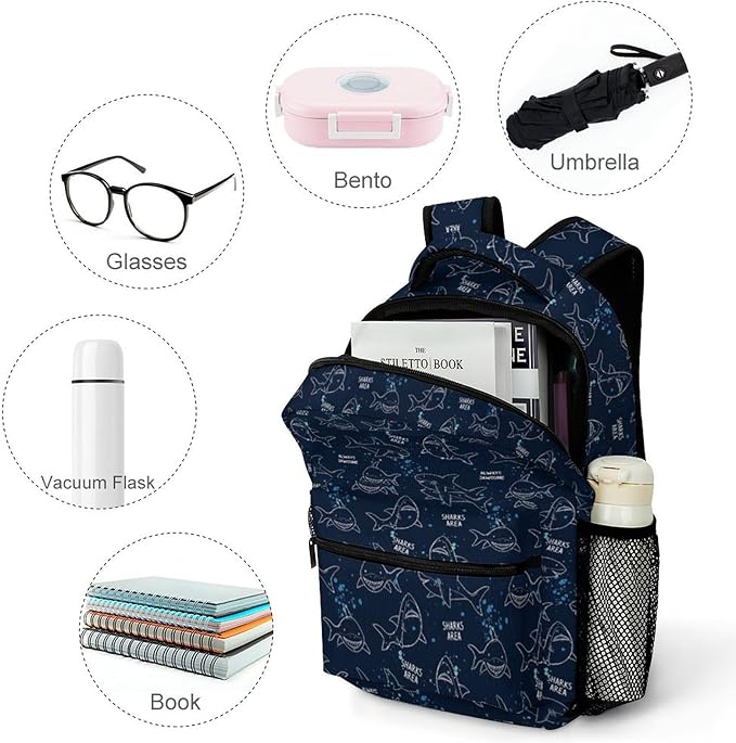 3PCS 17" Shark Backpack, Shoulders Backpack with Insulated Lunch Bag Durable Shark Laptop Bag Daypack with Multiple Pockets (Shark)