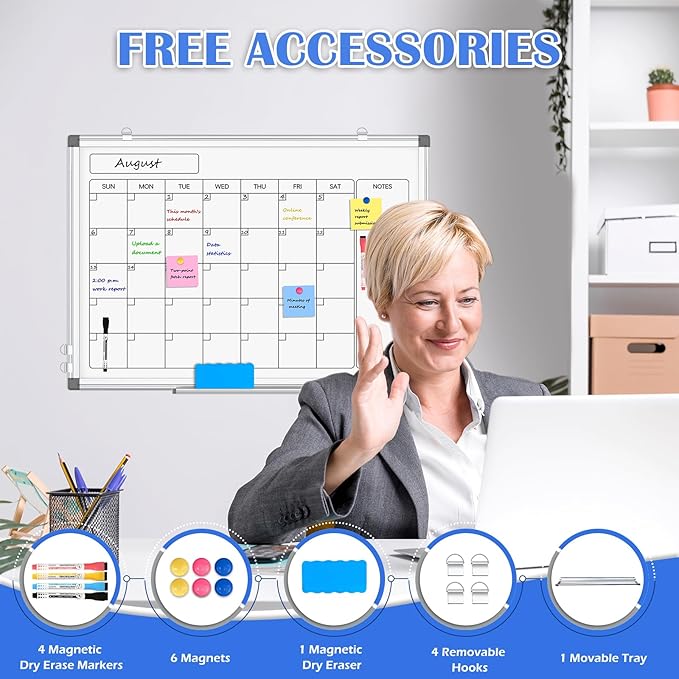 Monthly Calendar Dry Erase Whiteboard for Wall, 24" x 18" Magnetic Calendar White Board, Double-Sided Portable Board for Office, Kitchen, School, Home