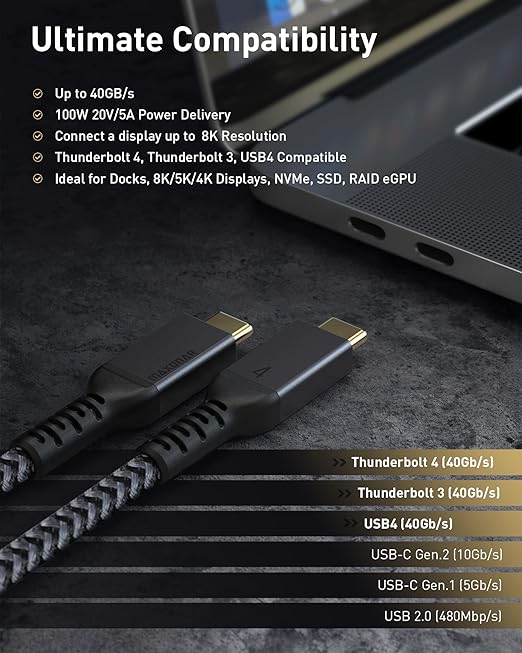 Maxonar [6Ft] Thunderbolt 4 Cable, Support 40Gbps Data Sync/100W Charging and 8K/5K@60Hz for Thunderbolt 4/3, USB4, and USB-C Devices