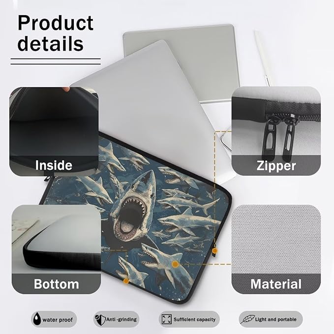 Shark Print Laptop Briefcases for Men Women, Lightweight Laptop Sleeve Case Water Resistant Neoprene Computer Carrying Cover 12 Inch Laptop Carrying Bag