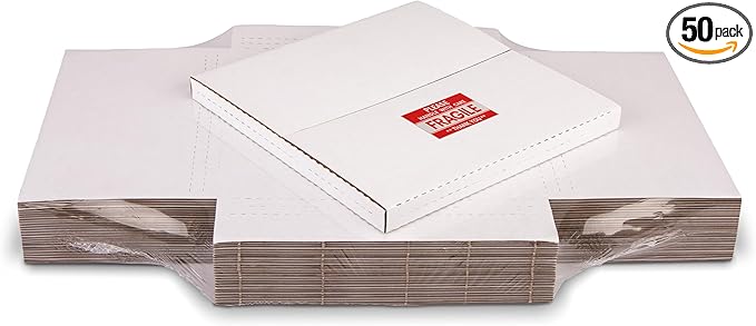 White Vinyl Record Mailers 12.8x12.8x1 Inch LP Mailing Corrugated Cardboard Boxes, Easy-Fold, Multi-Depth Album Shipping Boxes with Fragile Stickers, 50-Pack