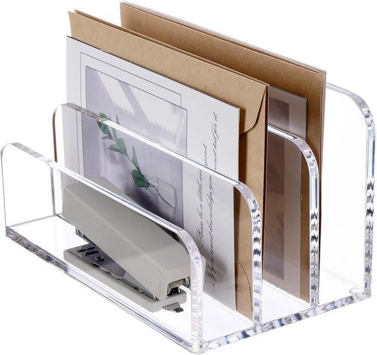 SANRUI Acrylic File Mail Desktop Organizer Sorters,3 Compartments Laddered Clear Desk Letter Organizer Office Document Sorter,Multifunction Envelope Folder Racks Holders for Office,Home, School