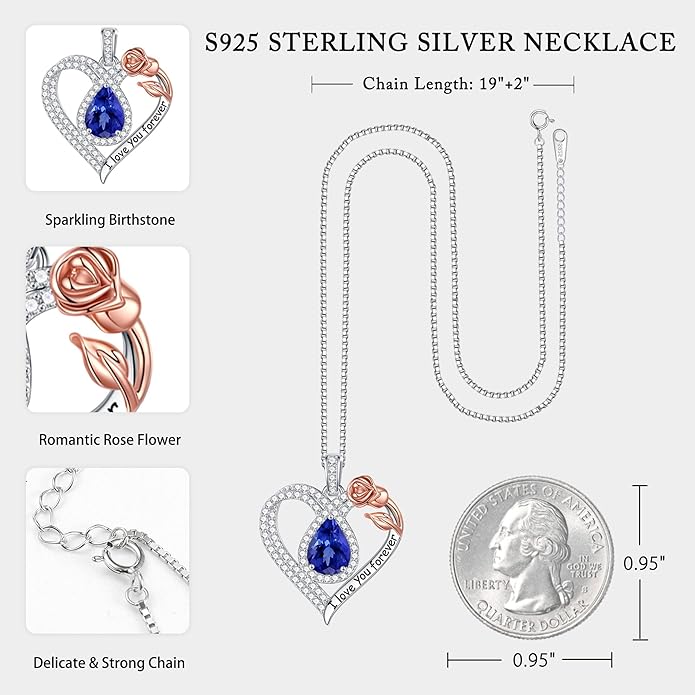 Hidepoo Christmas Gifts for Women Mom Wife - Sterling Silver Rose Heart Birthstone Necklace I Love You Forever Heart Pendant Teardrop Necklace Jewelry Anniversary Valentines Christmas Birthday Gifts