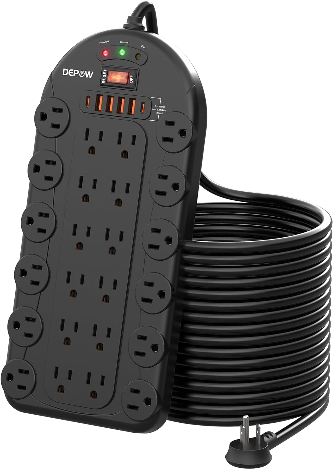 15Ft Power Strip Surge Protector (3,400 Joules), DEPOW 24 AC Multiple Outlets (1875W/15A) with 6 USBs (2 USB-C Ports), ETL Listed, Flat Plug Heavy Duty Long Extension Cord for Home, Office, Black