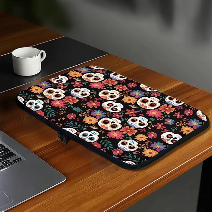 Skull Printed Computer Carrying Cover with Floral Print Laptop Case Bag Easy to Carry Computer Bag, 13 Inch Lightweight Laptop Briefcase Messenger Bag for Women