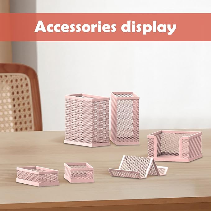 SUPEASY Pen Holder for Desk, 6 Piece Mesh Desk Organizer set, Desk Accessories for Office Organization with Mail Organizer, Letter Phone Holder, Sticky Notes Caddy Storage, Pink