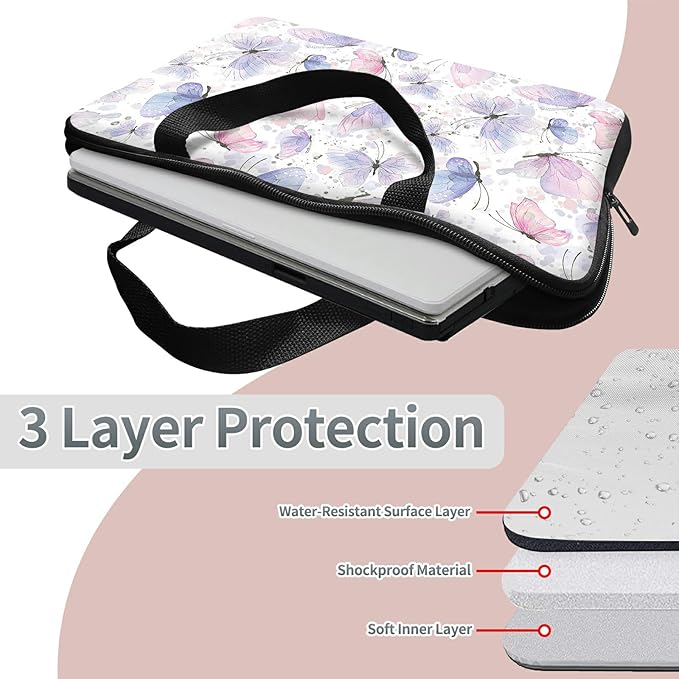 Laptop Sleeve Case Bag 13 inch, Pink Purple Butterfly Slim Carrying Case Durable Handbag Travel Laptop Bag for 13 inch MacBook Air M3/M2/Pro M2/ 13" iPad Pro/Air M4/M2 2024