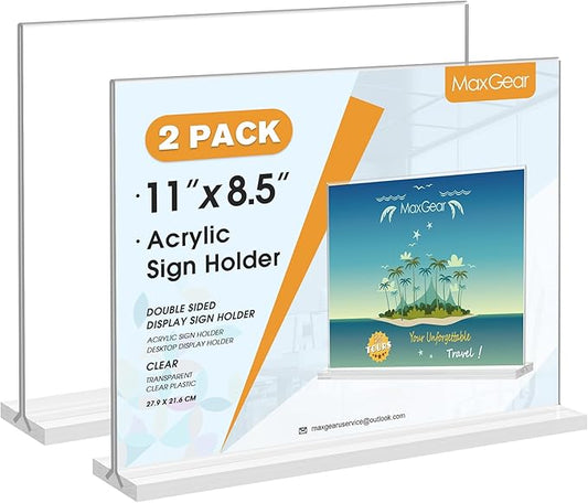 MaxGear 8.5 X 11 Acrylic Sign Holder Horizontal 2Pack, Double Sided Display Stand, Clear Table Sign Holders Flyer Menu Holders, Plastic Paper Holder Picture Frame for Office, Store, Restaurant