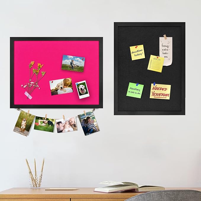 Black Bulletin Boards Cork Board with Felt, 17"x13" Large Display Pin Board Vision Board for Walls, Jewelry, Notes, Collection, Photos, Office, Wood Framed(Black) & Felt(Black), 2pc