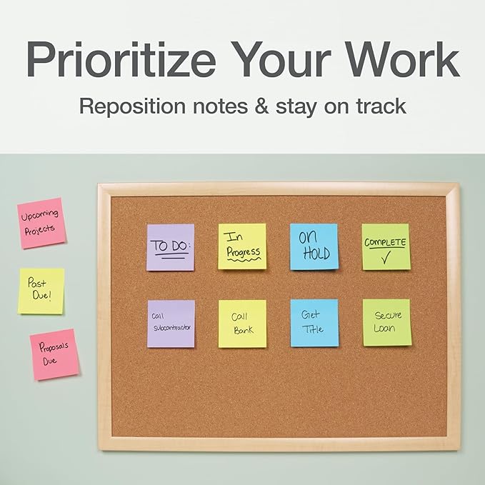 Redi-Tag Sticky Notes, Power Stick Notes, Adhesive Reminders, 3" x 3" Reusable Notes, Strong Adhesive Memos, Assorted Bright Colors, 12 Pack (1000976)