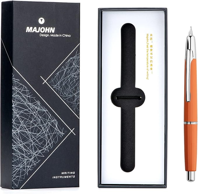 Majohn A2 Press Fountain Pen Extra Fine Nib with Box, Retractable Orange Resin Ink Pen with Converter Writing Pen Set (Silver Clip Version）