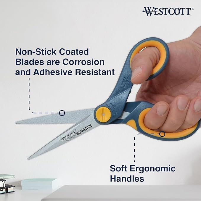 Westcott 8" Titanium-Bonded Non-Stick Scissors For Office & Home, Gray/Yellow, 3 Pack (15454)