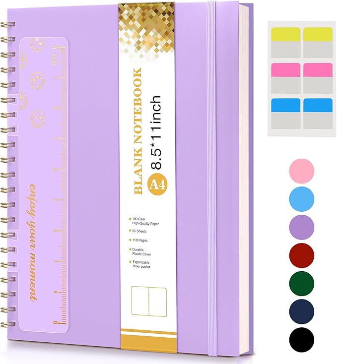 Blank Spiral Notebook Journal 8.5” x 11”, A4 Large Sketch Book for Women Men, 100 GSM Blank Paper Drawing Notebook, Plastic Hardcover Spiral Bound Sketchbook for Sketching Work School Writing, Purple