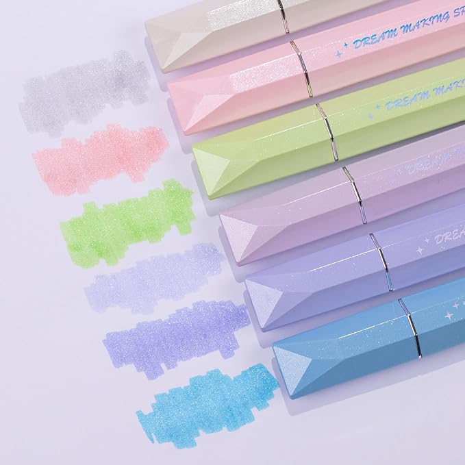 COLNK Glitter Pastel Highlighter,Set of 6 Pcs Cute Aesthetic Highlighters Assorted Colors,Chisel Tip,Metallic Highlighters for Journal Planner, Highlighting, Note-taking,Glitter Ink A
