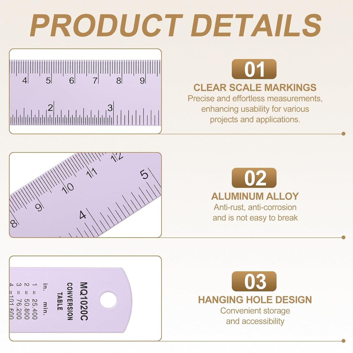 HARFINGTON 4pcs Metal Straight Ruler 30cm Metric SAE Aluminum Alloy Measuring Rulers Scale Tool with Hole for Measure Study Reading Classroom Office, Purple