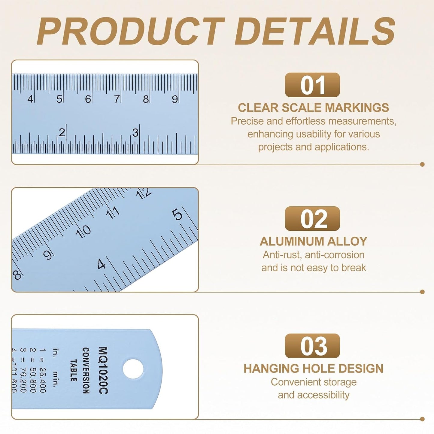 HARFINGTON 6pcs Metal Straight Ruler 30cm Metric SAE Aluminum Alloy Measuring Rulers Scale Tool with Hole for Measure Study Reading Classroom Office, Light Blue
