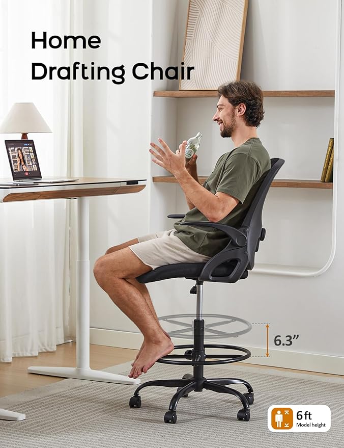 Drafting Chair Tall Office Chair with Flip-up Armrests Ergonomic Computer Standing Desk Chair with Comfy Lumbar Support and Adjustable Footrest Ring for Bar Height Desk(Black-Black)
