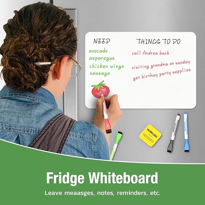Magnetic Dry Erase Board: Small Fridge Whiteboard, Flexible Refrigerator Magnet White Board, Blank Writing Note Sheet with Dishwasher Magnet Clean Dirty Sign, 4 Markers & Eraser - 20 x 13