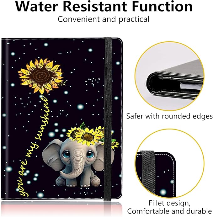 PU Leather Padfolio Clipboard Notepad with Pen Loop and Elastic Strap Interview/Resume Document Organizer for Business School Office,Elephant Sunflower
