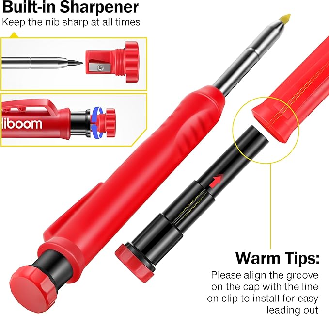 Hiboom 3 Pack Solid Carpenter Pencil with 21 Refill, Long Nosed Deep Hole Mechanical Pencil Marker with Built in Sharpener for Carpenter, Design Patent (Blue, Red, Black Cover)