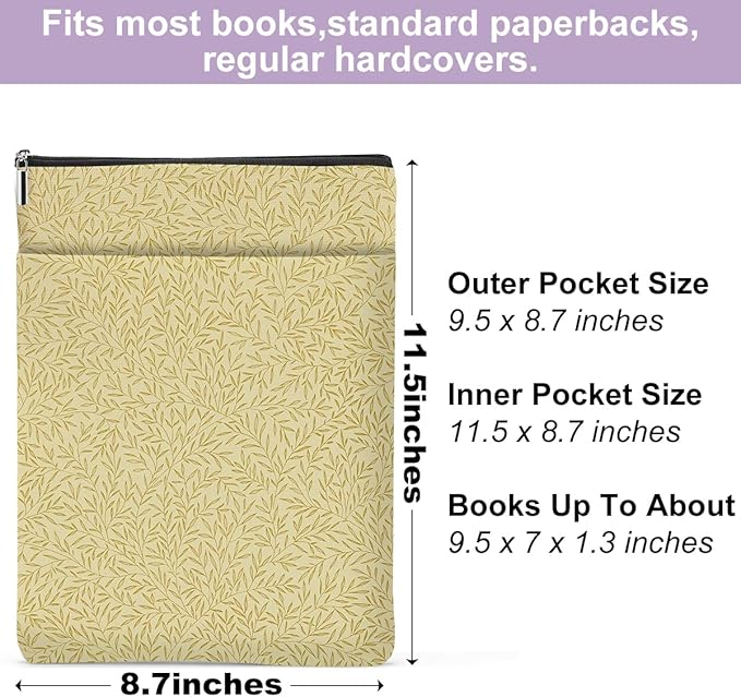 Retro Willow leaves Book Sleeve Book Cover Classic Book Protector with Zipper Christmas Birthday Book Club Gifts Book Accessories for Women Sister Niece Librarian Girls Bookish Book Lovers Gifts