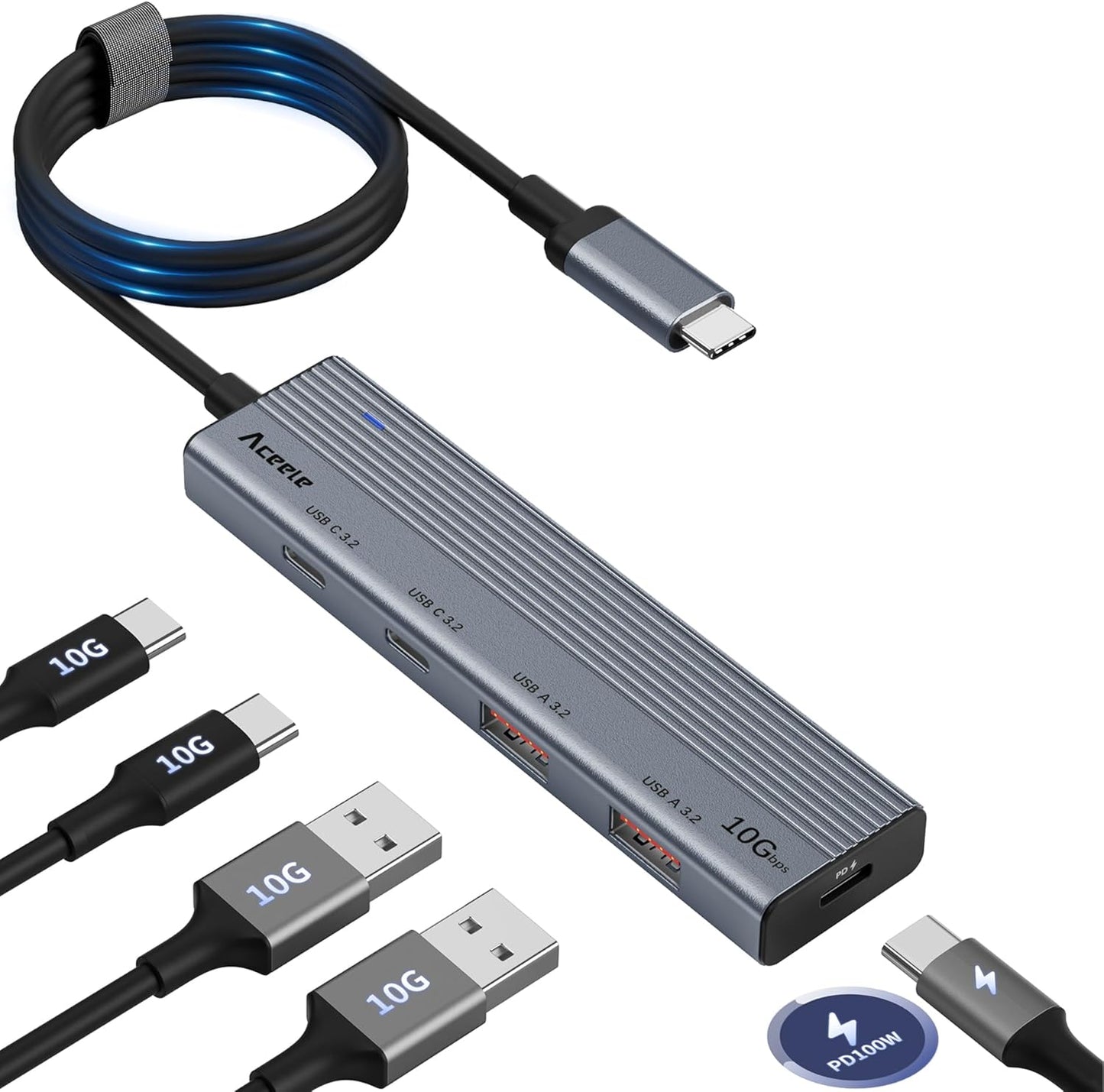 Aceele USB C Hub 10Gbps, USB 3.2 Gen 2 HUB with 2 USB-C 3.2 and 2 USB-A 3.2 Port, 100W PD Charging, 3.3FT Cable Type C Splitter for MacBook Pro/Air, iPad Pro and More(Not Support Extend Monitor)