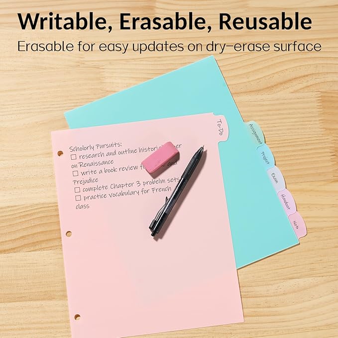 Sooez 8-Tab Durable Plastic Write & Erase Big Tab Dividers for 3 Ring Binder, Aesthetic Cute Pastel Binder Dividers for Student, Teacher, Office, Home Organizers, 1 Set, Pastel