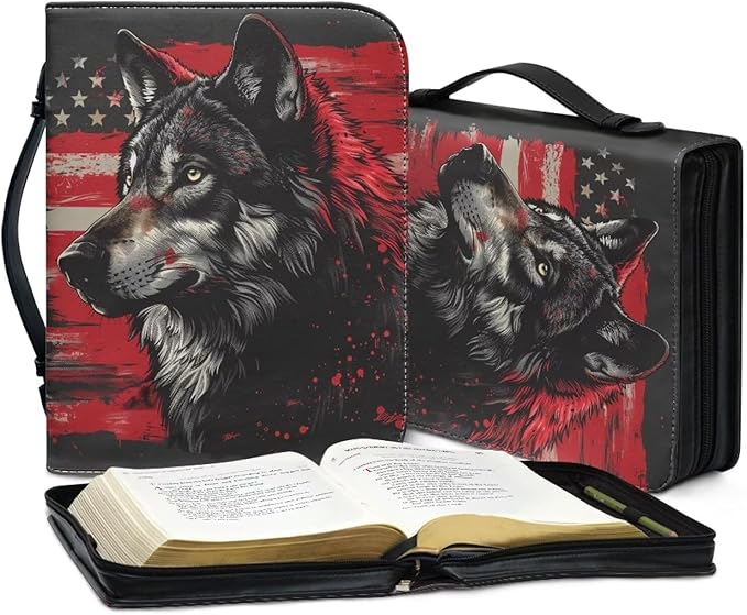 Lotusorchid American Flag Wolf Bible Bags, Faux Leather Bible Covers with Handle Pockets for Women, Portable Sturdy Bible Bag for Men, Christian Bible Study Accessories, Black and Red, 2XL