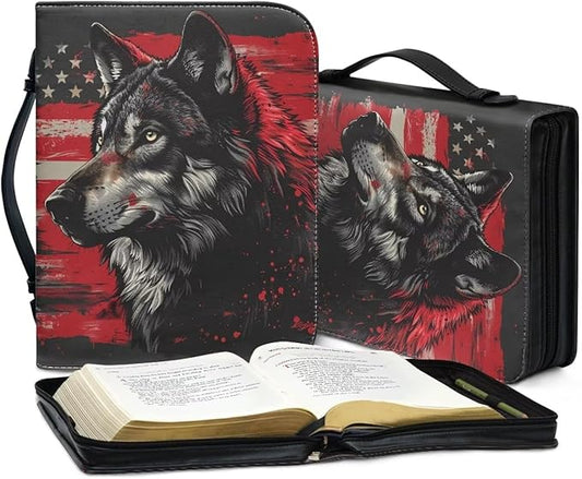 Lotusorchid American Flag Wolf Bible Bags, Faux Leather Bible Covers with Handle Pockets for Women, Portable Sturdy Bible Bag for Men, Christian Bible Study Accessories, Black and Red, 2XL