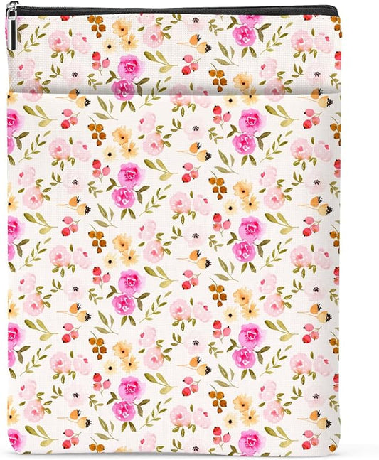 Watercolor Floral Pattern Book Lovers Gifts Waterproof Book Sleeve Book Pouch Book Protector with Zipper and Front Pocket BookCover Case for Women Girl Readers Wife Book Accessories Book Club Gifts