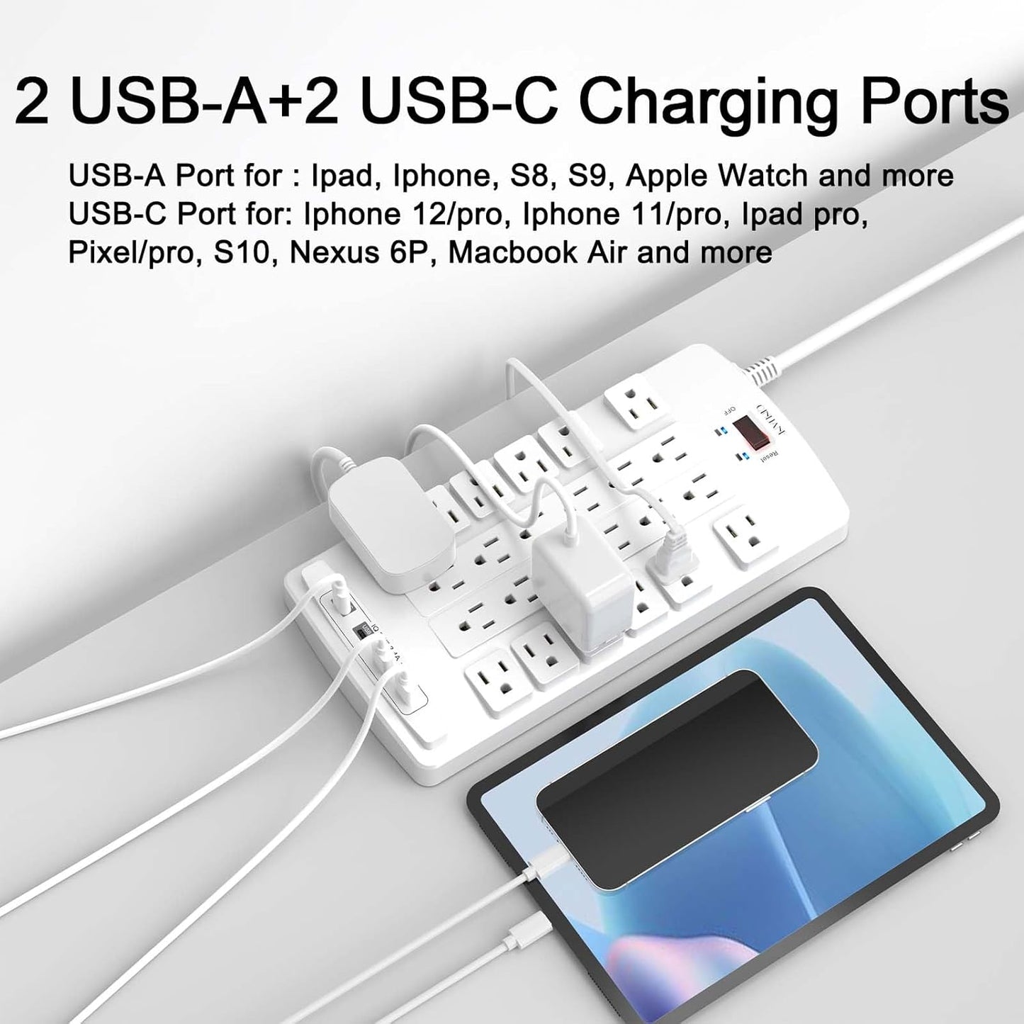 QINLIANF Surge Protector Power Strip - 6Ft Flat Plug Heavy Duty Extension Cord with 24 Outlets and 4 USB Ports(2 USB-C Ports), 1875W/15A, 4100J, for Home, Office, Dorm, ETL Listed, White