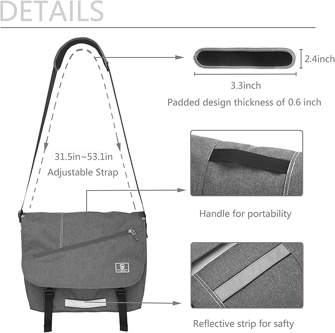 OIWAS 15.6 Inch Messenger Bag for Men/Women Crossbody Travel Satchel Bags Laptop Shoulder Bag Large Briefcase Computer Work College Grey