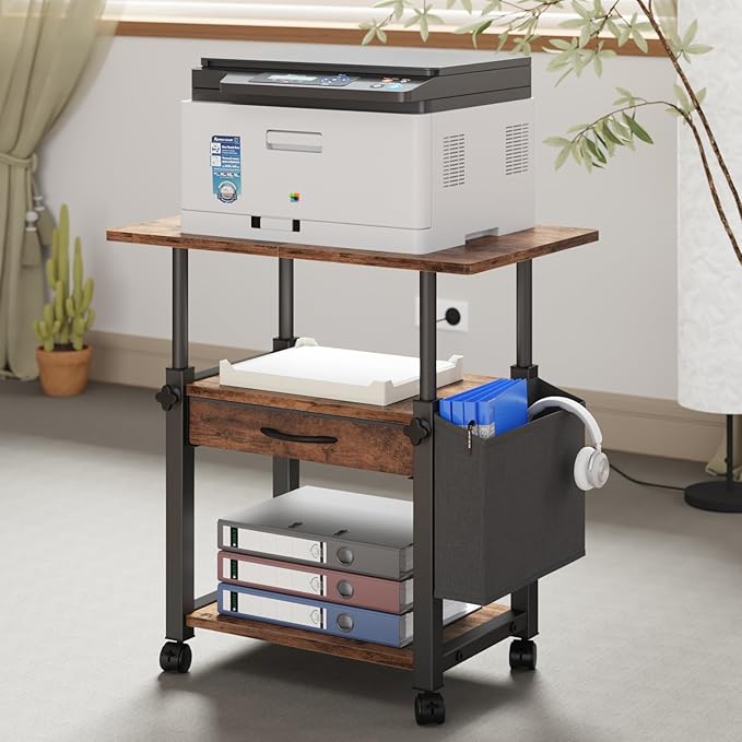 22"x15" Large Printer Stand with Storage Drawer and Side Bag, 3-Tier Height Adjustbale Printer Table for Home Office,Printer Cart fit Heat Press/Laser printer/3D Printer(Rustic Brown)