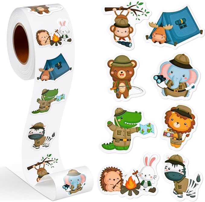 1 Roll Animal Stickers Reward Cute Space Stickers Office Supplies Incentives Sticker Animal Party Favor Decal, 500 Pcs Each Roll(Camping Animal)