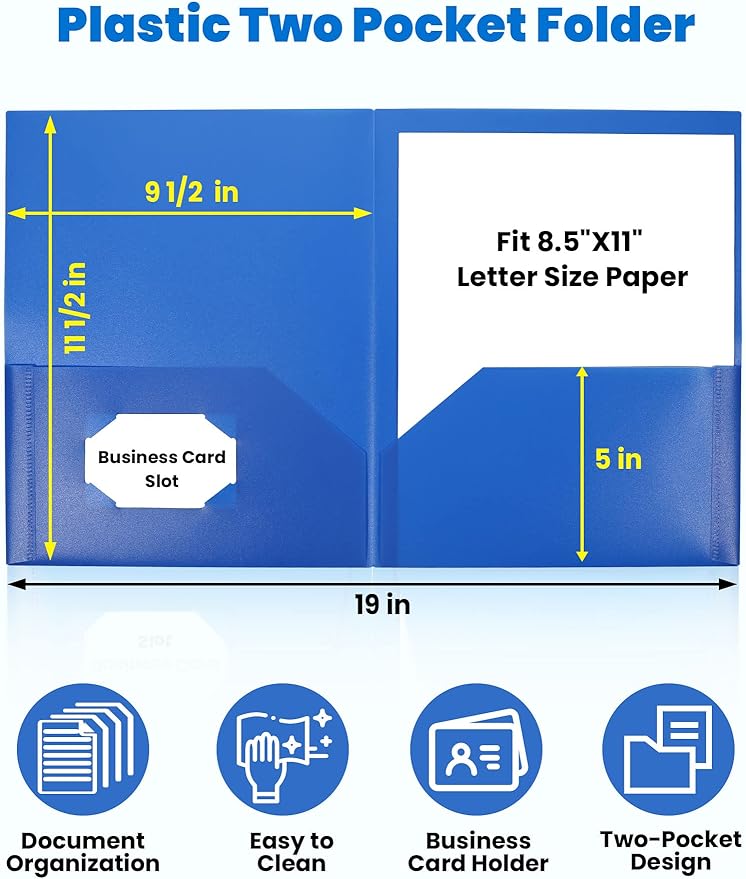 SUNEE 2 Pocket Folders (6 Pack, Blue) Heavy-Duty Plastic Folders with Pockets, Fit 8.5x11 Letter Size Paper, 2-Pocket File Folders for Kids, Home, School, Office