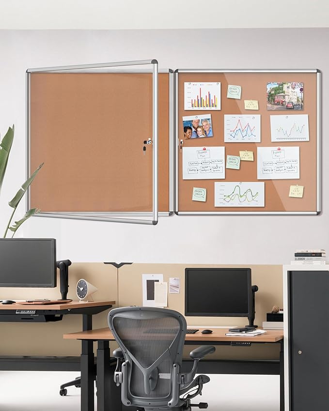 2 Pack 38"x38" Enclosed Bulletin Board, Lockable Weather-Resistant Aluminum Cork Noticeboard for School & Office, Silver Frame w/Cork