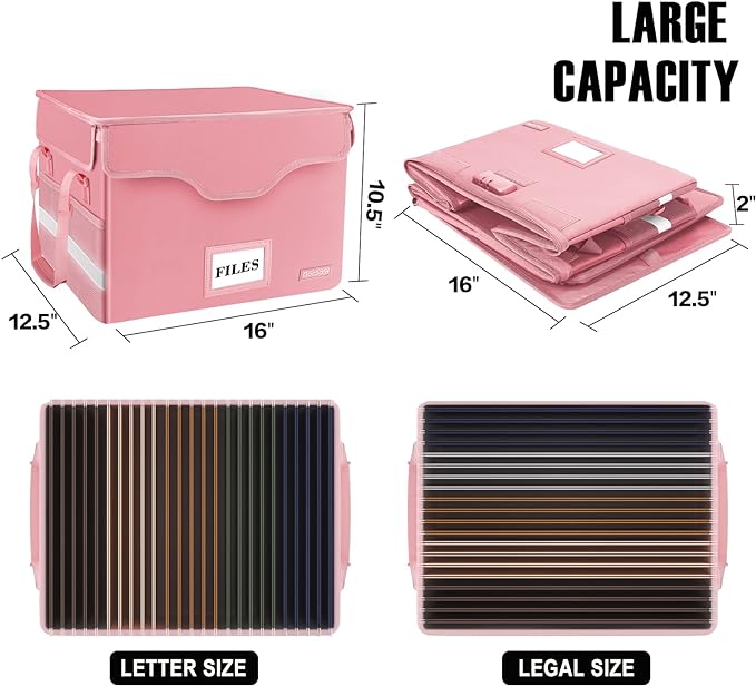 DocSafe File Box Fireproof Document Box with Lock,File Storage Organizer Box with Insert Pockets,Collapsible Portable File Box Home Office File Cabinet Safe for Hanging Letter/Legal Folder,Pink,2 Pack