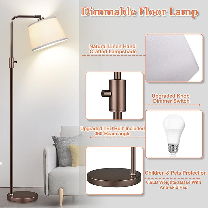 【Upgraded】 Dimmable Floor Lamp, 1000 Lumens LED Edison Bulb Included, Arc Floor Lamps for Living Room Modern Standing Lamp with Shade, Tall Lamps for Living Room Bedroom Office Dining Room - Brown