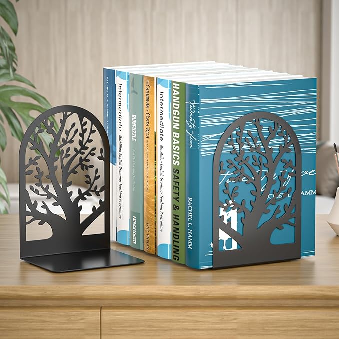 VFINE Bookends 3 Pairs, Decorative Book End, Bookends for Shelves, Book Ends for Shelves, Book Stopper Book Ends to Hold Books, Book Stopper, Unique Black Metal Tree Book Ends for Home School Office