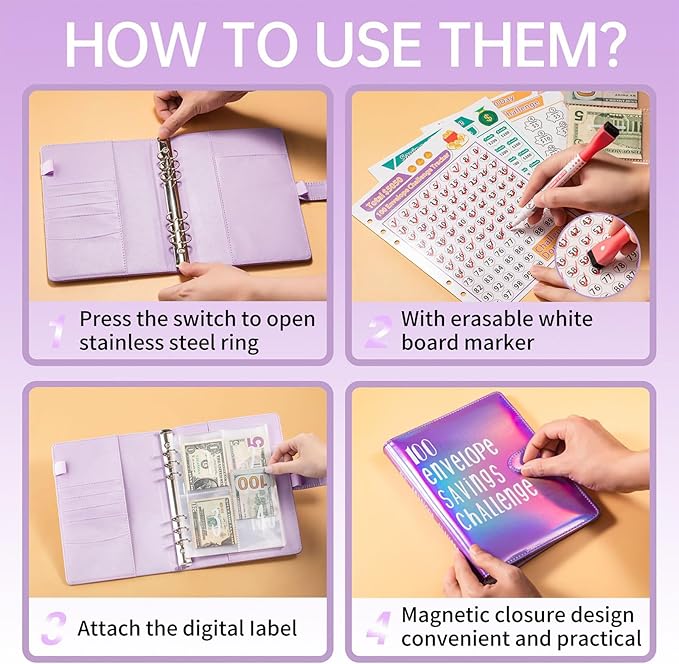 100 Envelopes Challenge Binder Savings Challenges Book, A5 Money Saving Planner Cash Envelope Budget Binder with Erasable Pen, Easy and Fun Way to Save $5,050, 10,000 and $500 (Dazzle Silver)