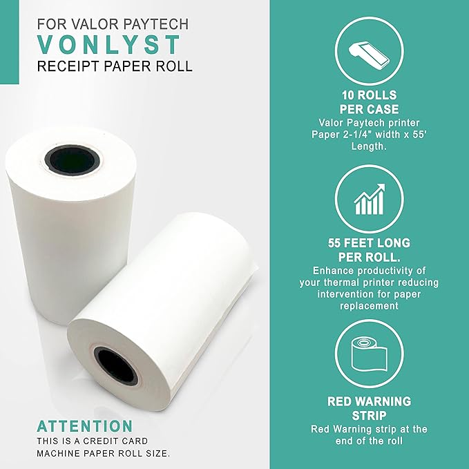 Receipt Paper Roll for Valor Paytech VL 110 and VL 500 Credit Card Machine (10 Rolls)