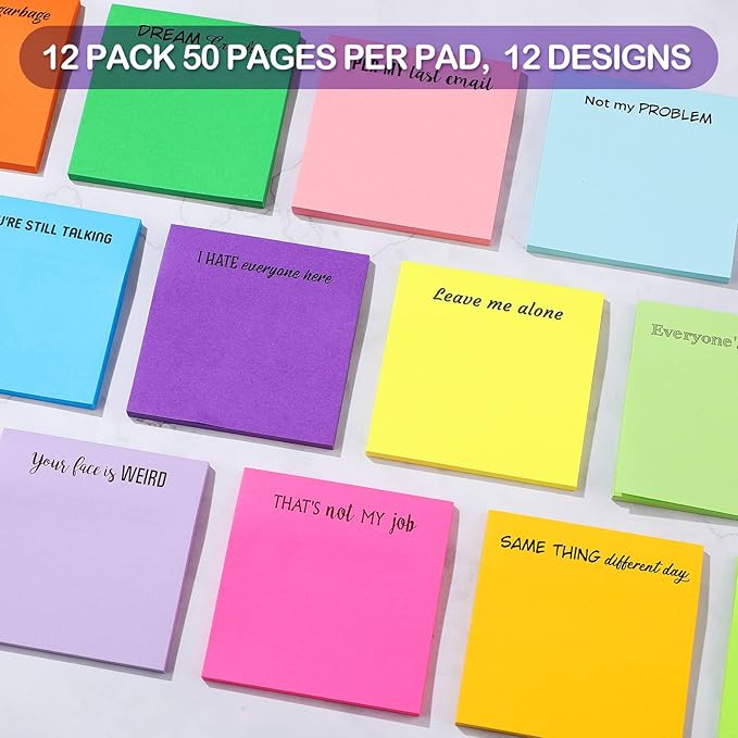 12 Pieces Snarky Office Sticky Notes Funny Note Pads Work Sucks Complaining Quotes Vibrant Negative Passive Office Notepads Adhesive Memo Pad for Colleague Supplies, 3 x 3 Inch(Stylish Style)