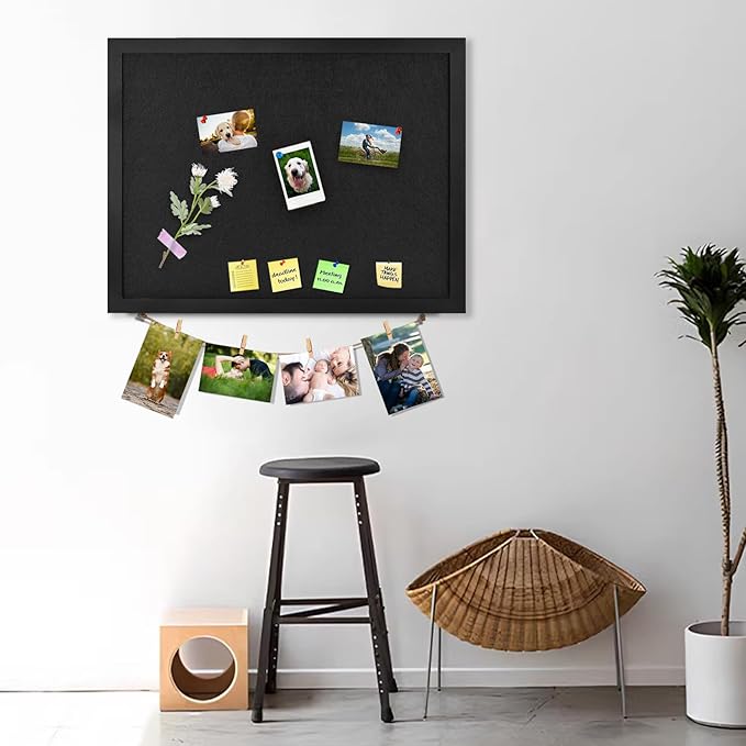 Black Bulletin Boards Cork Board with Felt, 17"x13" Large Display Pin Board Vision Board for Walls, Jewelry, Notes, Collection, Photos, Office, Wood Framed(Black) & Felt(Black), 2pc