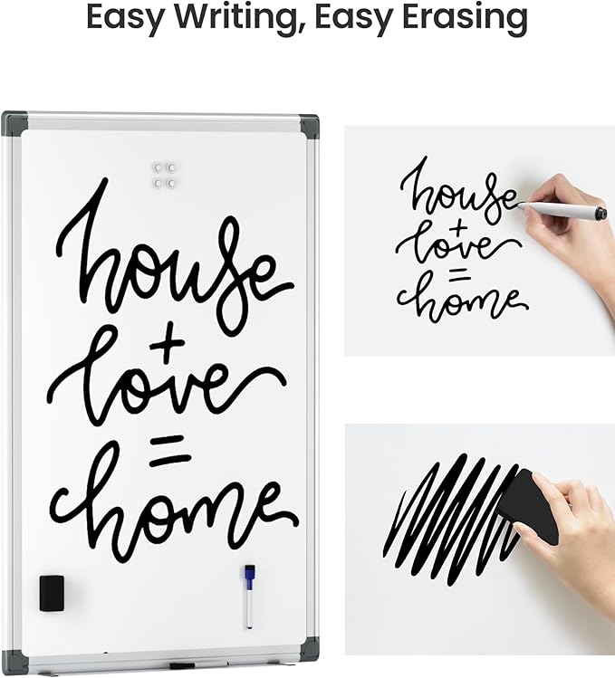 VUSIGN 6PCS Magnetic White Board Kit for Wall 36" x 24", 6 Dry Eraser & 12 Multicolor Markers & 24 Magnetic Pins, Sliver Reinforced Aluminum Frame for Home, School, Office