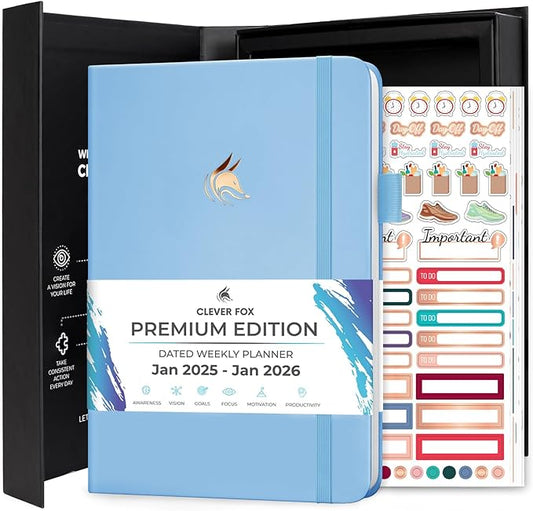 Clever Fox Dated Planner Premium Edition – 2025-2026 Weekly Planner for Planning, Goal Setting & Time Management – Planner Notebook with Habit Tracker & to-do List – A5 Size (Light Blue)