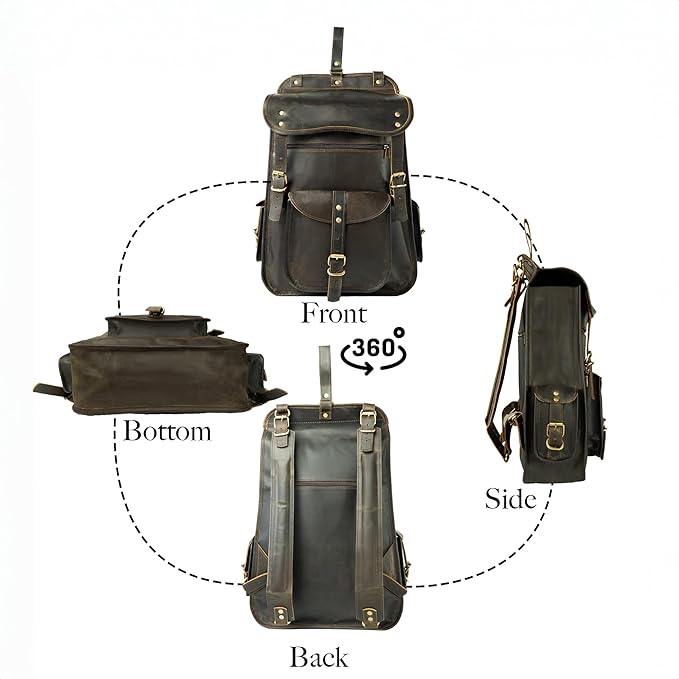 Satchel And Fable Vintage Full Grain 21 Inch Leather Laptop Large Backpack Casual Bookbag Daypack Camping Travel Rucksack Knapsack
