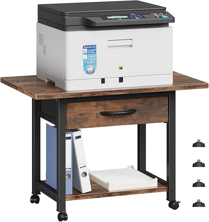 22"x15" Large Printer Stand with Storage Drawer, 2-Tier Under Desk Printer Table for Home Office, Printer Cart fit Fax Machine/3D Printer/Scanner(Brown)