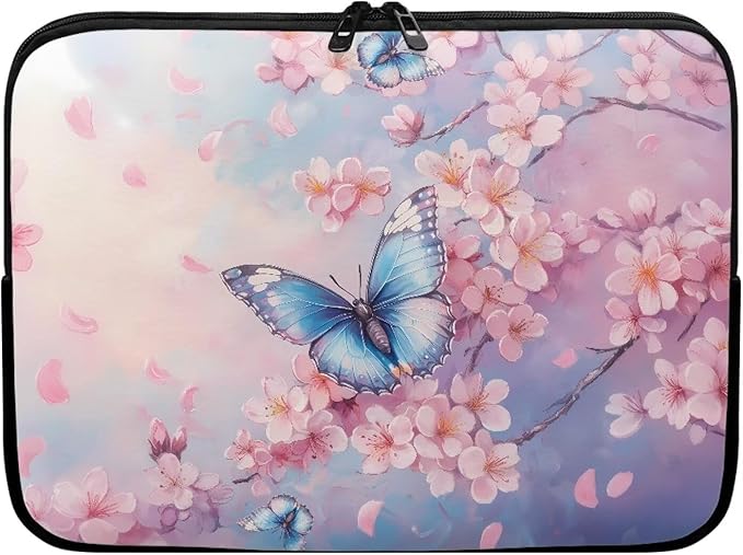 Butterfly Print Laptop Bag for Girls, 13 Inch Peach Blossom Laptop Sleeve Soft Laptop Case Bag for Girls, Waterproof Laptop Briefcase Computer Bag with Zipper