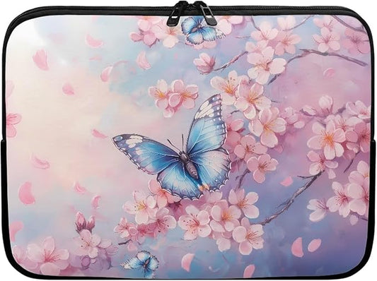 Butterfly Print Laptop Bag for Girls, 10 Inch Peach Blossom Laptop Sleeve Soft Laptop Case Bag for Girls, Waterproof Laptop Briefcase Computer Bag with Zipper