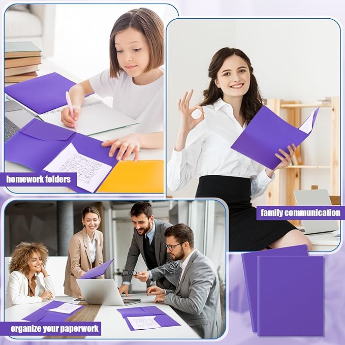 Gueevin 24 Pcs Plastic Folders with Pockets, Two Pocket Folder Fit Letter Size, Heavy Duty School Business Card Holder for Home Office School Bussiness, 11.61 x 9.45 Inches (Purple)